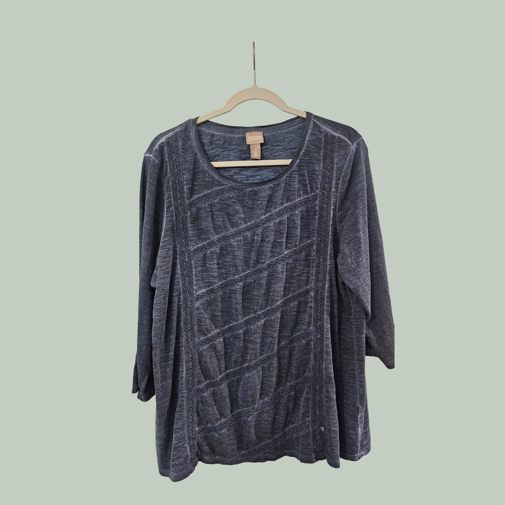Chicos Blue Slub Cotton Lace Trim Pintuck Pleated Top Size 3 XL